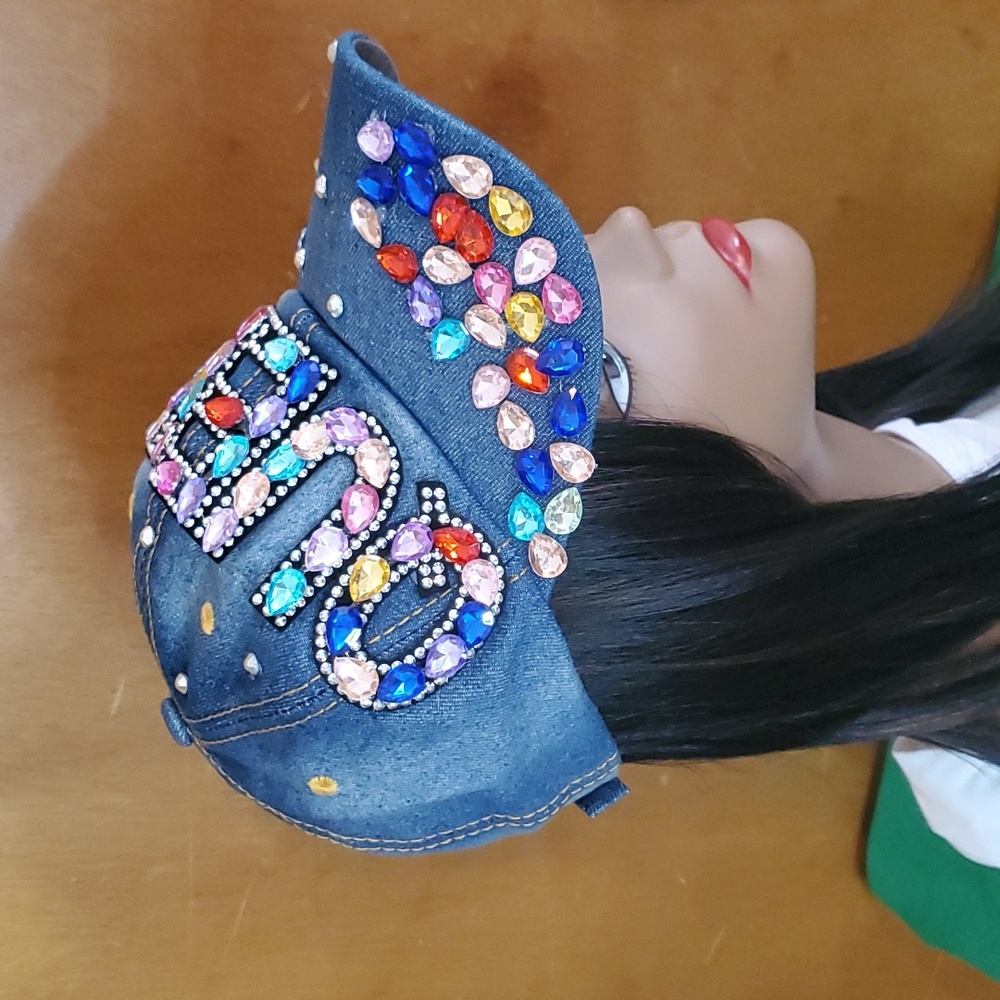 Womens Denim "Queen" Cap With Rhinestones - Picture 4 of 5